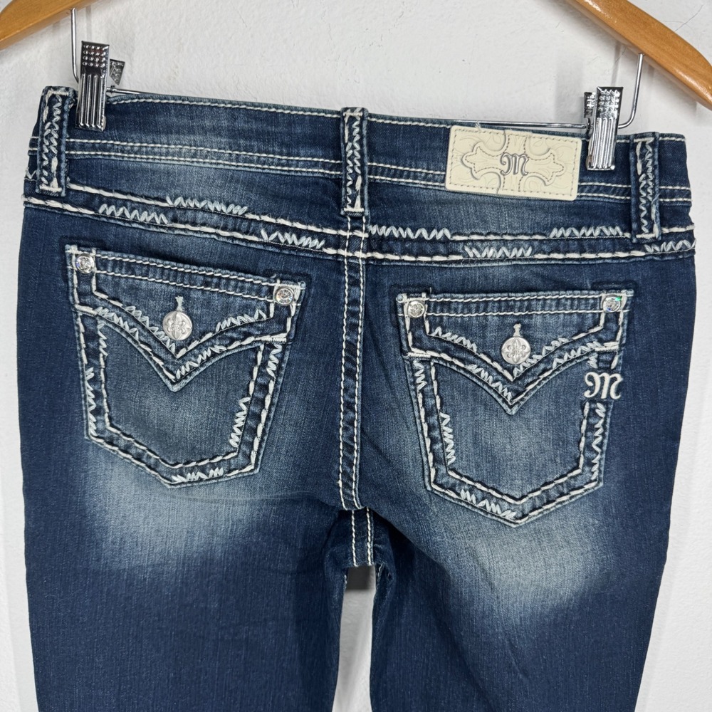 Miss Me Chloe Bootcut Jeans 29 Dark Wash Thick Stitch Embellished Rhinestones - Picture 6 of 9